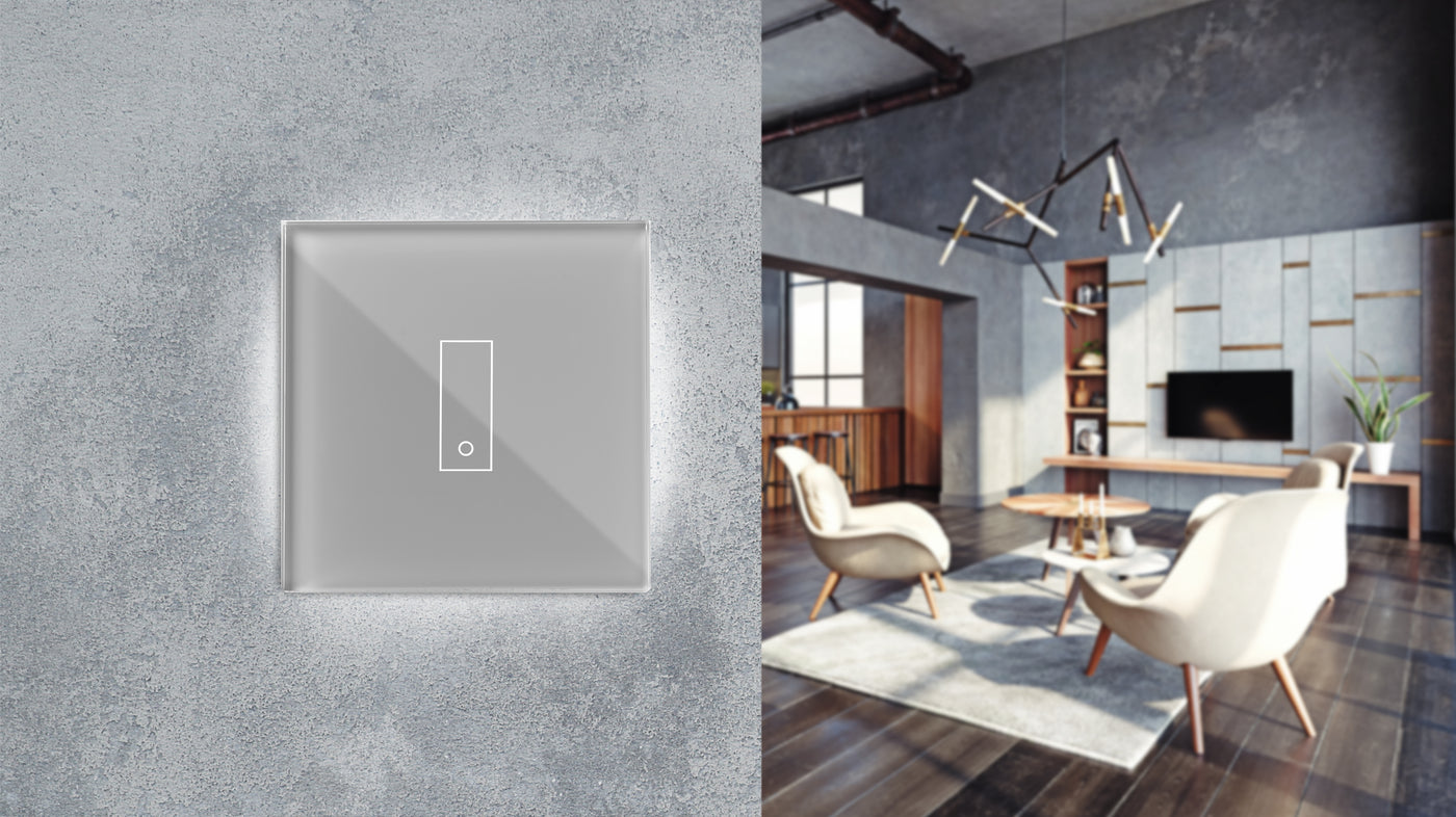 Grijs verlichte wifi smart switch. Drie aanraaktoetsen in gehard glas. Premium design voor de steengoede woonkamer.