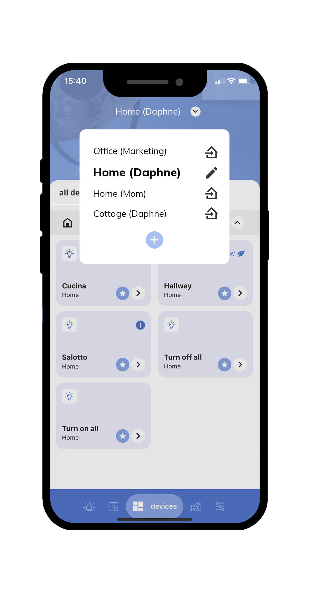 Officiële iotty app beschikbaar op iOS en Android eenvoudig te gebruiken om uw domotica-apparaten in verschillende huizen en kantoren te beheren
